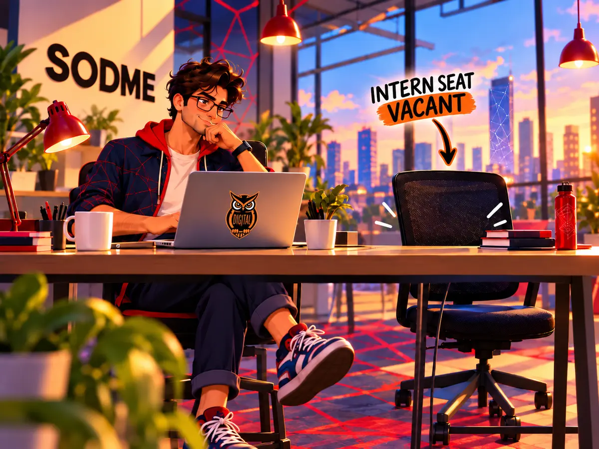 Illustration of a SODME team member working at a desk beside an empty chair tagged “Intern seat vacant”.
