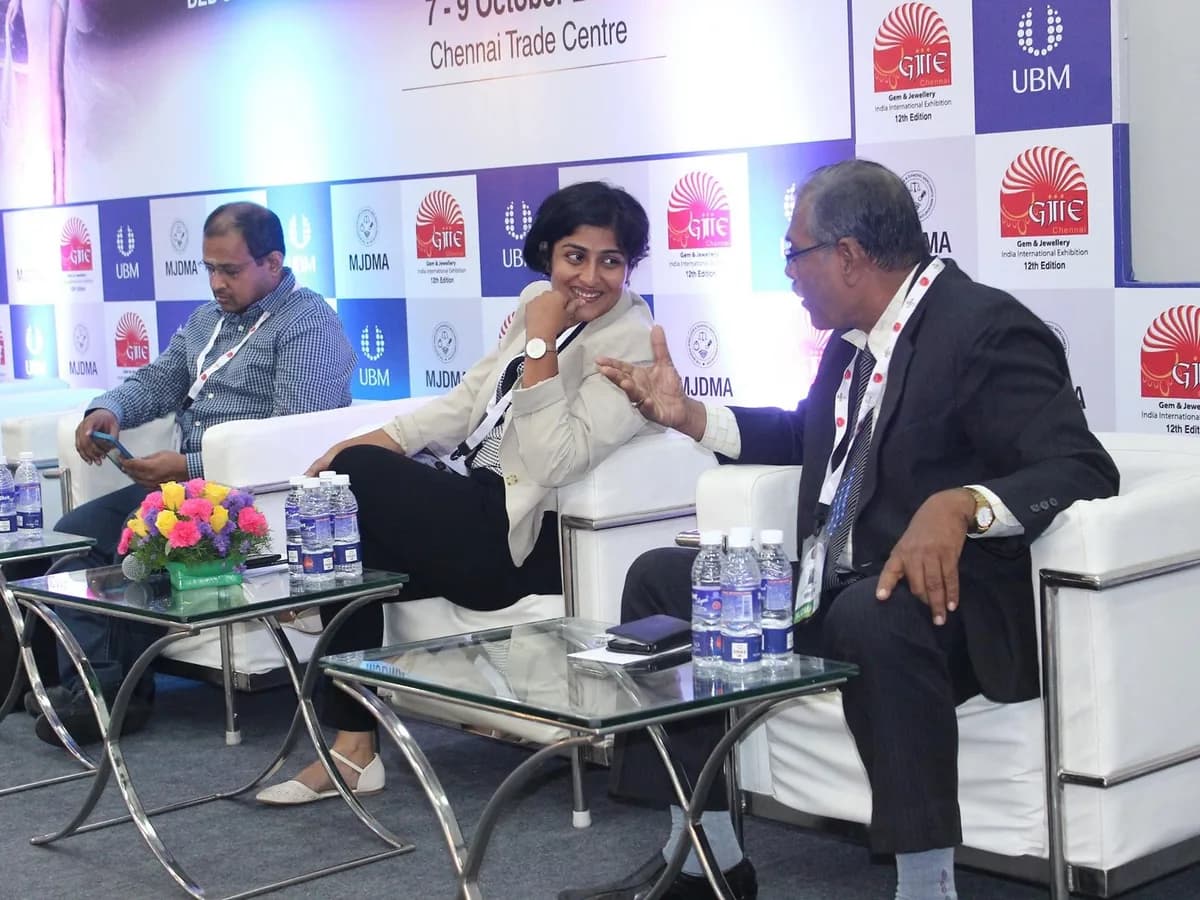 Sangeetha S Abishek in conversation on a panel at a Chennai industry exhibition.