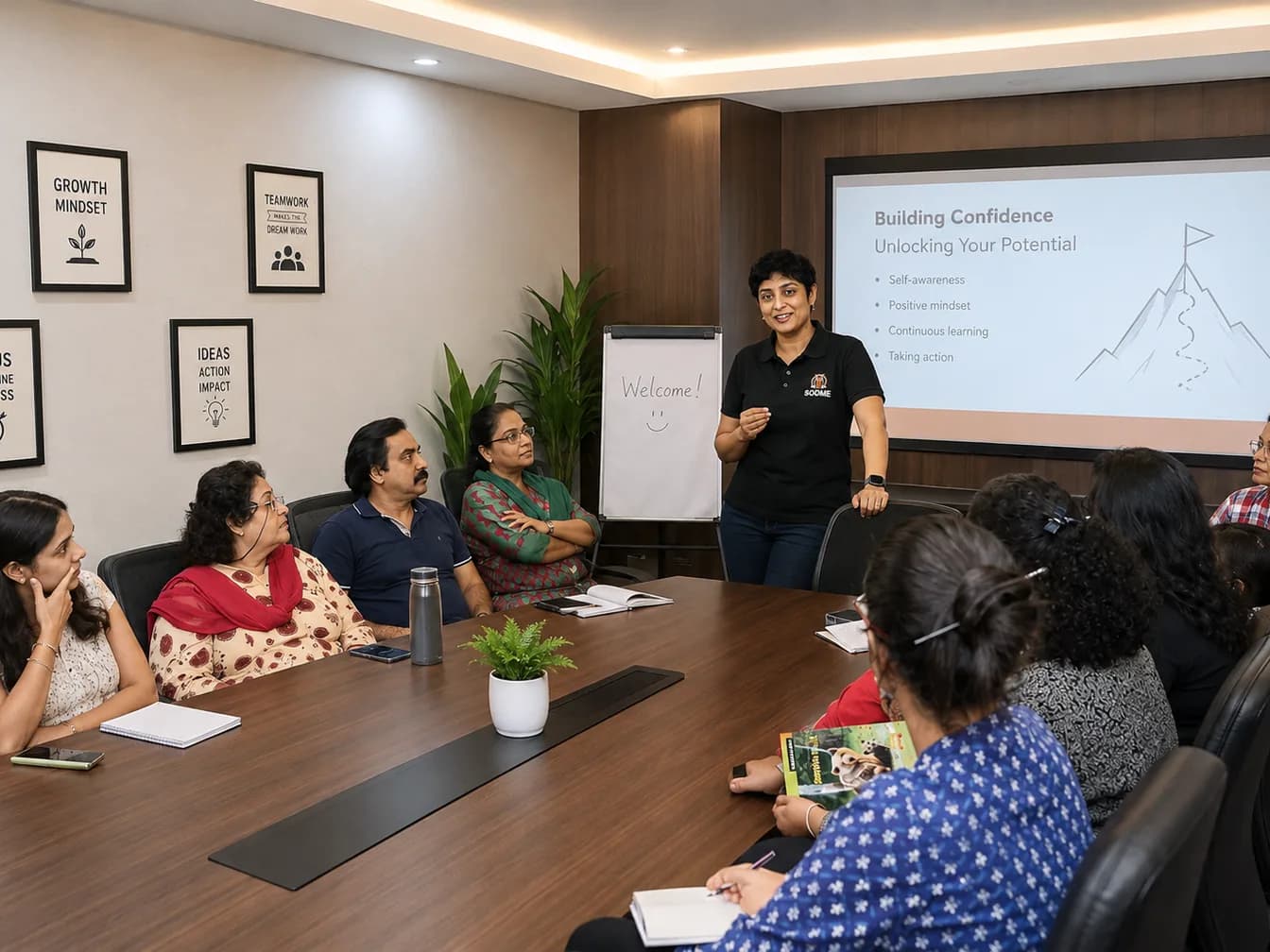 Sangeetha S Abishek leading a session at a boardroom table, presenting to a seated group taking notes.