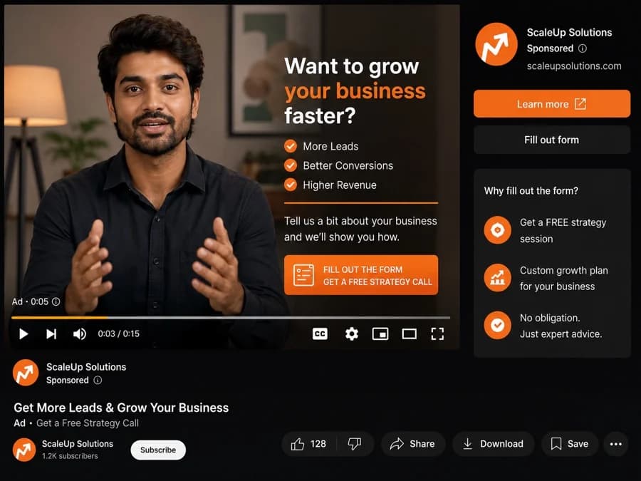 A lead generation ad running as a sponsored video with an on-screen offer.