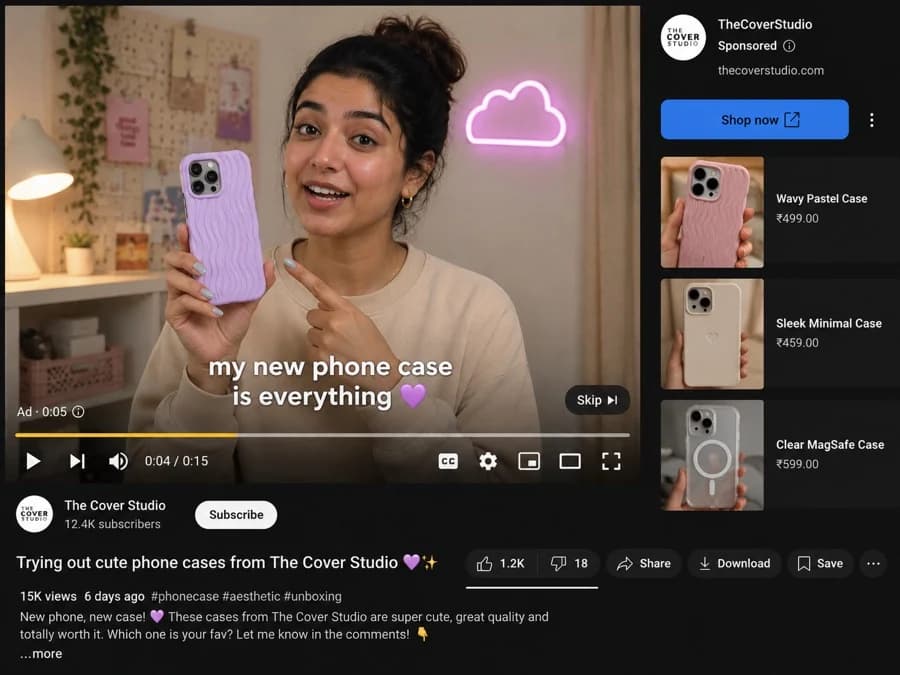 A creator holding up a phone case in a sponsored video, product listings beside it.