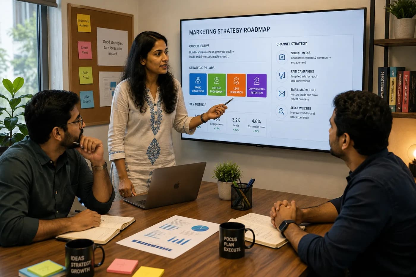 A finished marketing strategy roadmap being presented on screen to two stakeholders taking notes at the table.