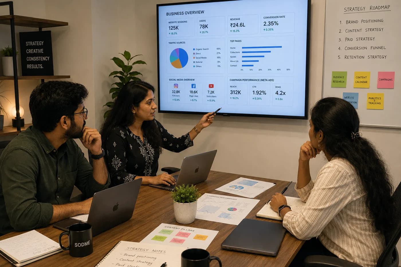 Three marketers working through a business overview on screen, with campaign printouts, strategy notes and a roadmap on the whiteboard beside them.