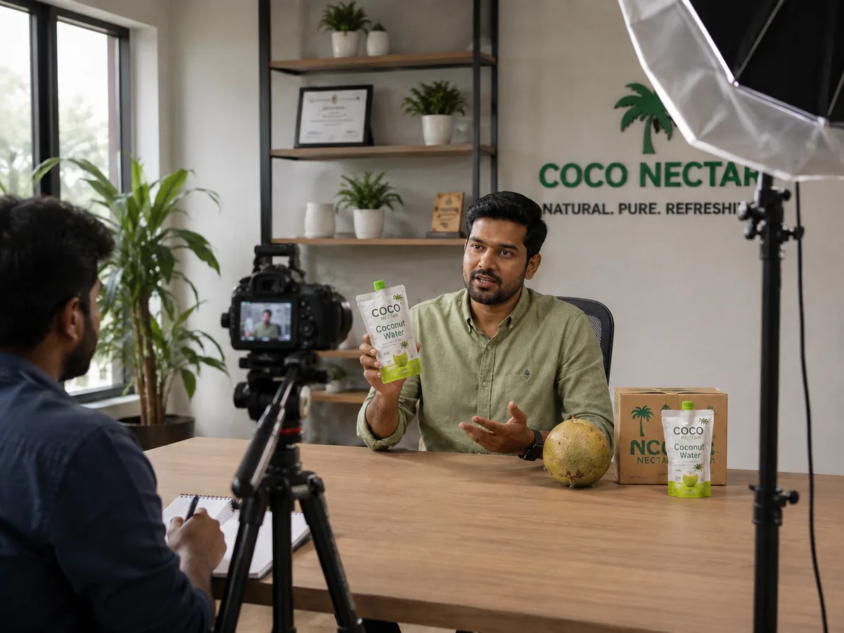 A founder being filmed at his desk holding a product, with a camera on a tripod, a softbox and a crew member taking notes.