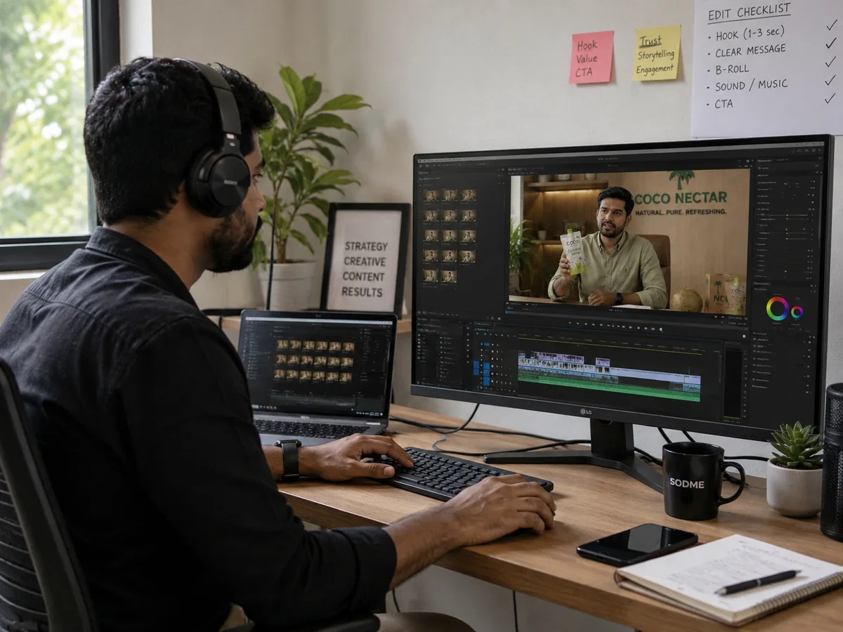 An editor cutting founder-led video on a timeline, the founder's interview footage open on the monitor beside an edit checklist.