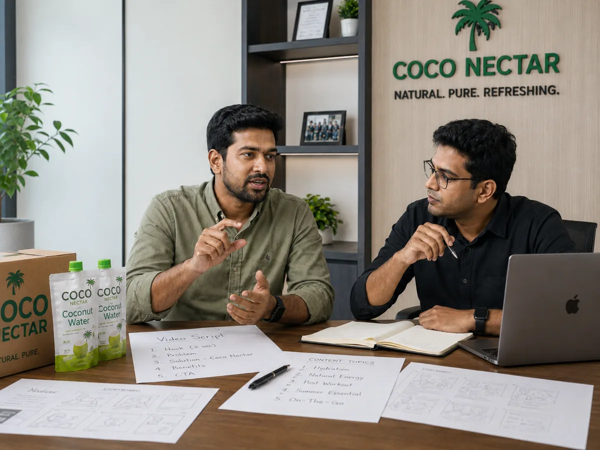 A founder and a strategist at a table working through a video script, a list of content topics and storyboards.
