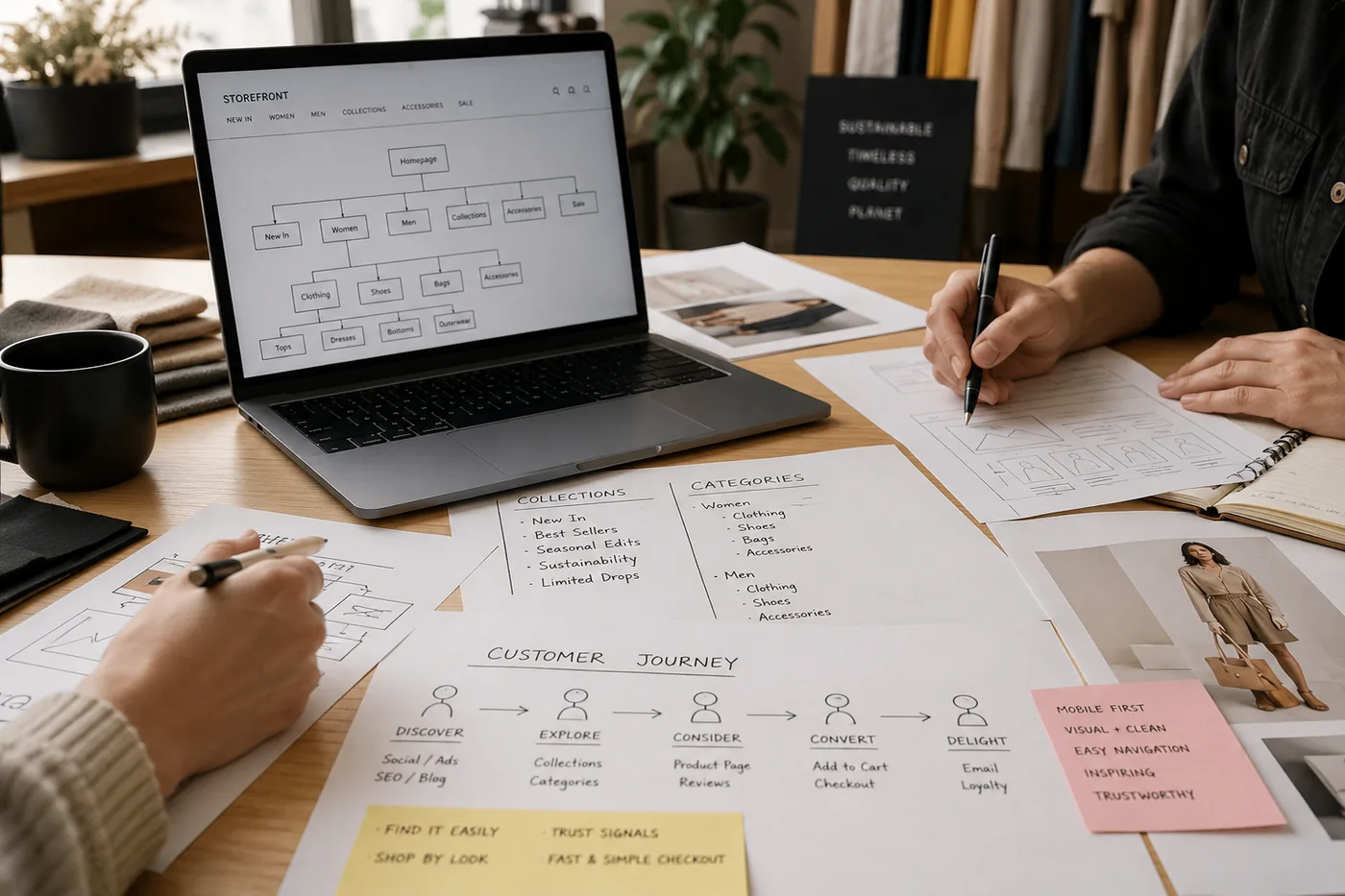 Two people planning a store: a sitemap open on a laptop, with the customer journey, collections and categories drawn out on paper across the table.