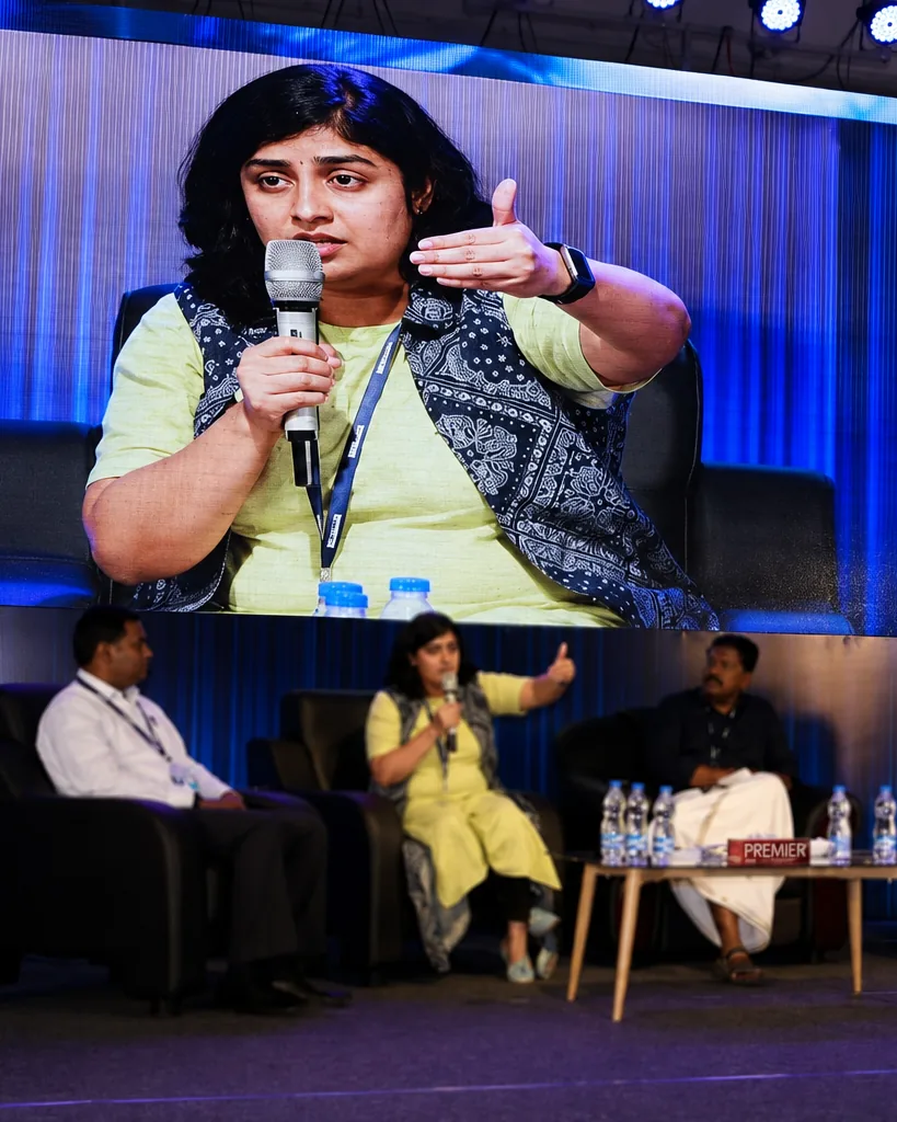 Sangeetha S Abishek speaking on an industry panel, shown on the screen above the stage as she answers.