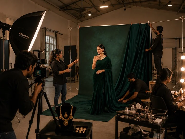 An advertising shoot in progress with a camera operator, lighting rig and talent in front of the camera on a commercial set.