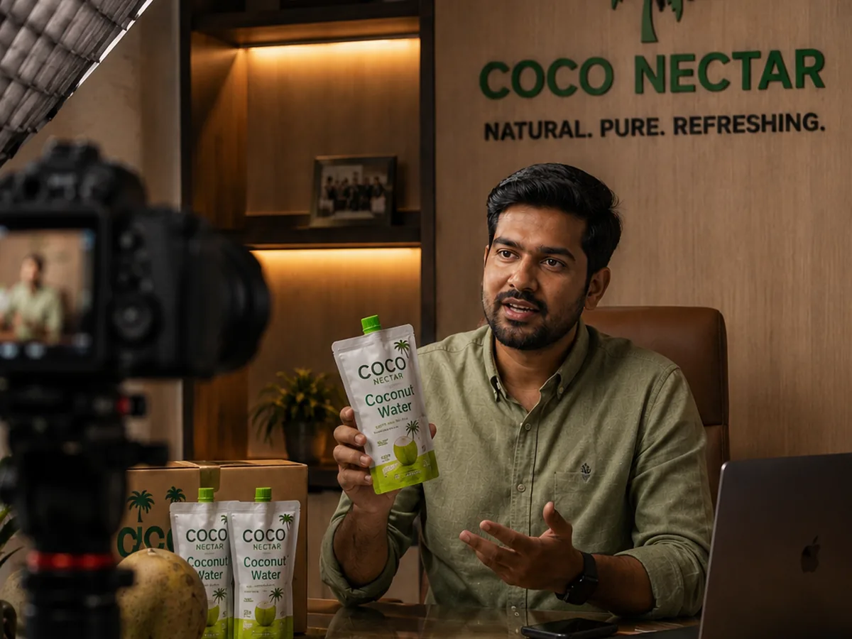 A founder being filmed at his desk in his own office, holding up one of his products, with the camera and a softbox in frame.
