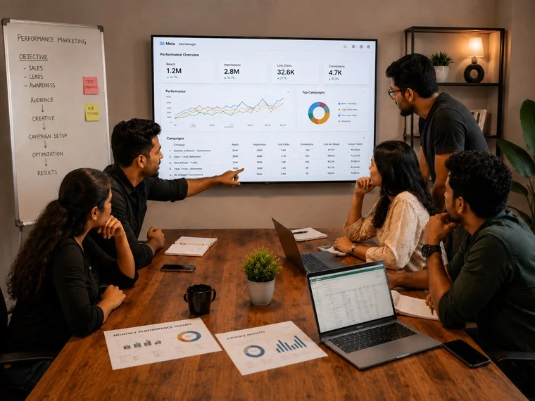 A SODME performance team reviewing campaign dashboards, creative assets and business data together.