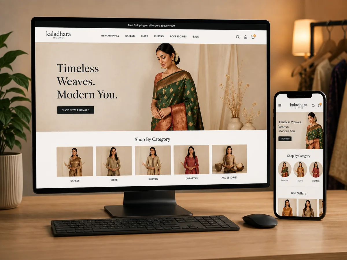 A Shopify storefront open on a desktop monitor and a phone side by side, showing a saree brand's homepage and category listings.