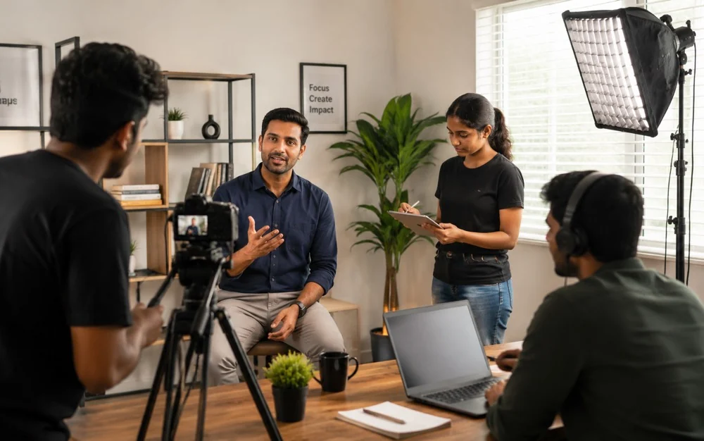 A professional brand content shoot in progress with camera, lighting, talent and production crew.