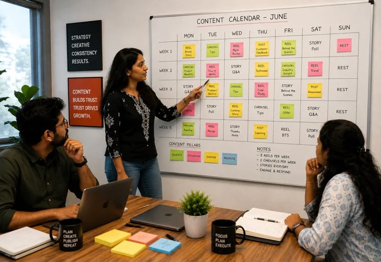 The content planning and strategy team working through a campaign calendar.