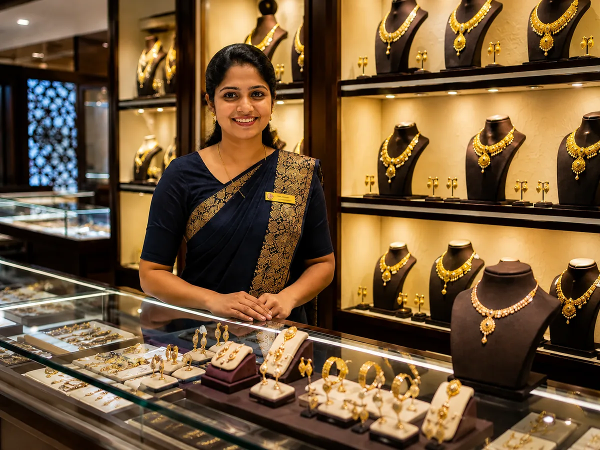 A jewellery consultant standing behind a lit display counter in a warmly lit showroom, with necklaces and earrings arranged on the shelves behind her.