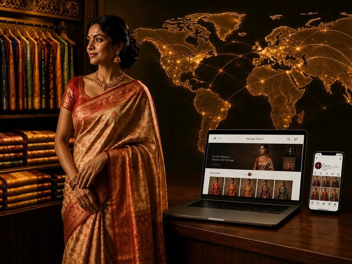 A woman in a gold and red silk saree standing in a warmly lit showroom, beside a laptop and phone showing the store online and a lit map of international routes behind her.