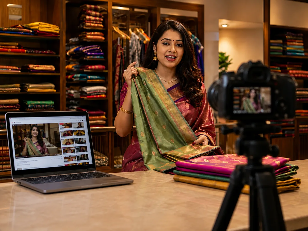 A saree retailer being filmed in her showroom, holding up a green silk saree to camera, with one of her earlier videos playing on a laptop beside her.