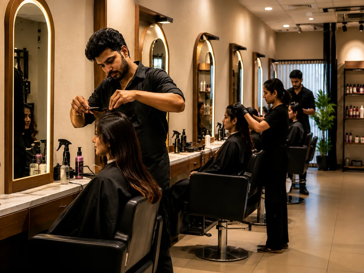 A stylist cutting a seated customer's hair at a lit mirror, with further stylists and customers along the row and product shelves at the far end.